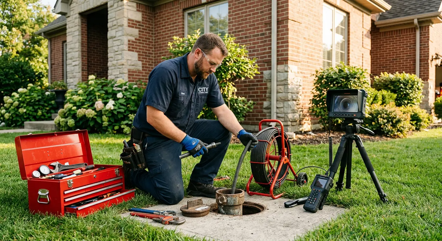 Sewer specialist with camera equipment servicing a cleanout in Eunice