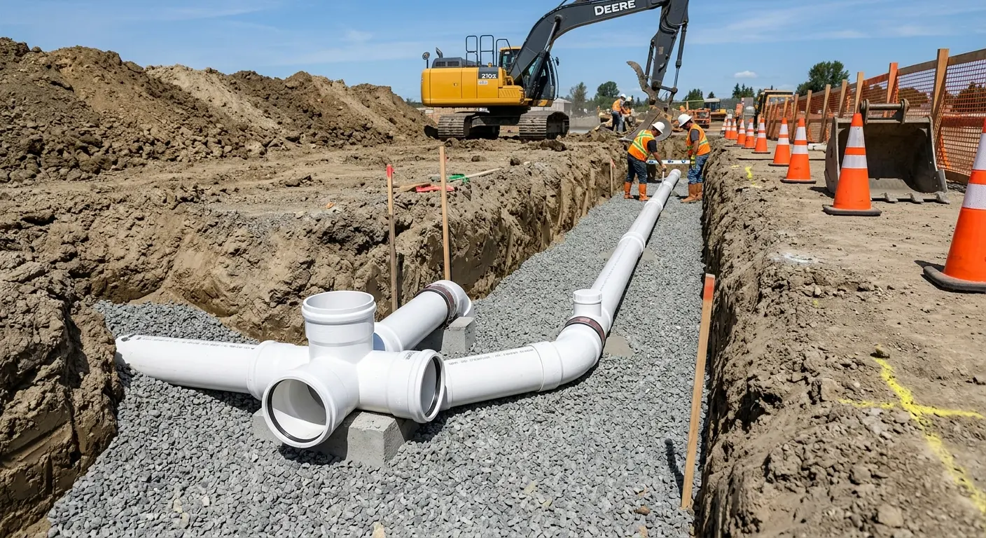 New PVC sewer pipe installation in open trench for Commercial Drain Cleaning in Eunice